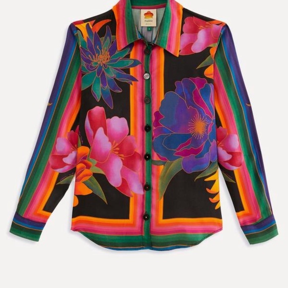 FARM Rio Black Multicolor Floral Stripe Button-Down Blouse - Picture 10 of 10